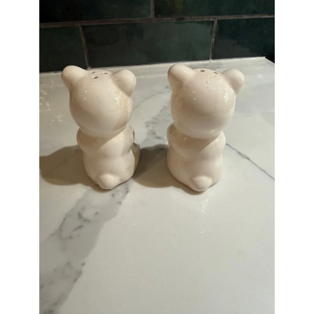 Vintage Teddy Bear Salt and Pepper Shakers Ceramic Pink Blue Bow Set of 2